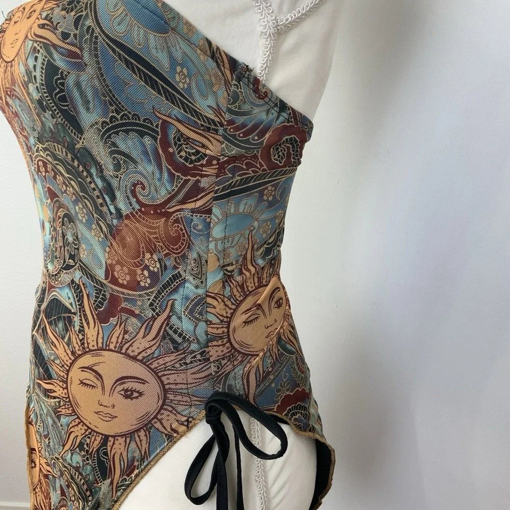 Celestial Sun Paisley Mesh Asymmetrical Ruched Tie Strapless Tube Top Y2K Small - Picture 4 of 6